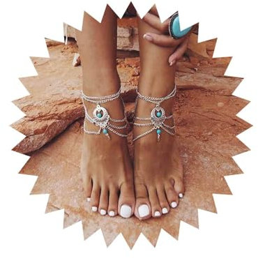 Inateannal Boho Layered Turquoise Anklet Sexy Multi-couches Gland Cheville Bracelet Été Plage Pieds Nus Sandales Pied Chaîne Bijoux pour Femmes et Filles