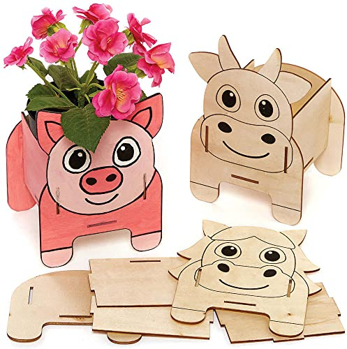 Baker Ross FC811 Horse, Pig and Cow Wooden Flowerpot Kits - Pack of 3, Craft Kits for Kids, Plant Pot Painting, Wood Crafts