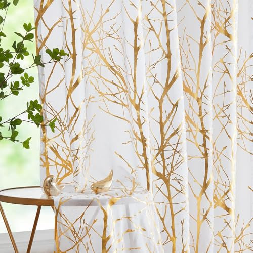 FMFUNCTEX Weiß Gold Voile Vorhänge Transparente Gardinen mit Ösen für Wohnzimmer Metallic Zweigen Muster Vorhänge Lichtdurchlässig Ösenschal für Schlafzimmer 2er Set, 245 x 134 cm (H x B)