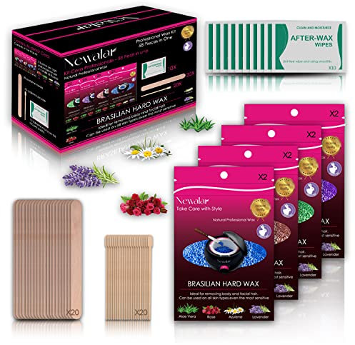 Newalar Cera Brasiliana Kit Completo - Ceretta 800 Gr. di Perle , Spatole di Legno Piccole e Medie, Salviette Dopocera - Per Zone Sensibili, Senza Strisce
