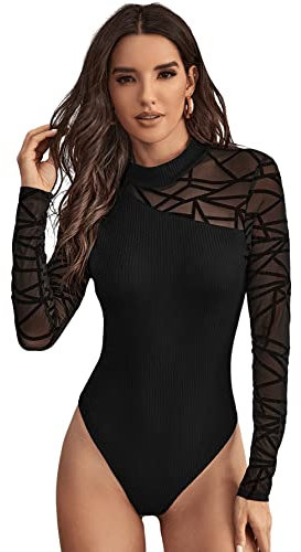 GORGLITTER Body Damen Langarm Strick Sexy Mesh Bodysuit Langarmbody Damen Elegant Damenbody Mit Stehkragen Schwarz XS