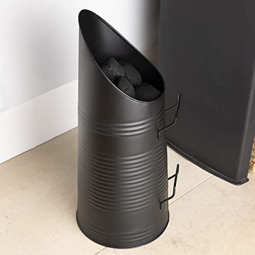 CHARLES BENTLEY Coal Hod, Snug, Cherry, Ribbed, Coal Bucket, Black Matte, Ribbed Design, Fluted Top, Two Metal Handles, 3kg Weight Capacity, Powder Coated Finish, Rustic, Contemporary (55x22x22cm)