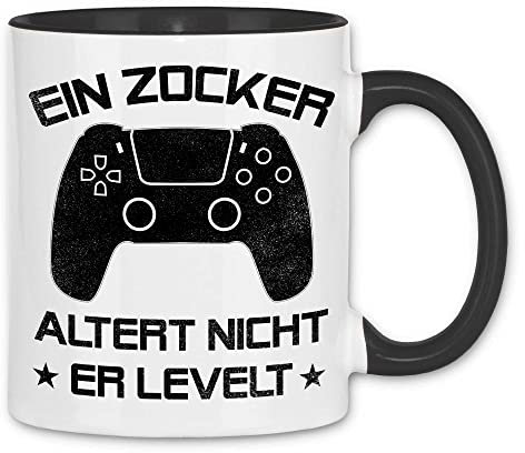 wowshirt Tasse Geschenk für Gamer Ein Zocker Altert Nicht Er Levelt Geburtstag Gaming Controller, Farbe:White - Black