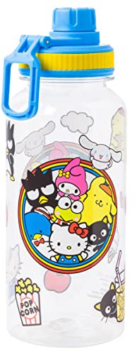 Silver Buffalo Sanrio Group - Botella de agua de plástico con boquilla giratoria circular con calcomanías que te pegas, 32 onzas