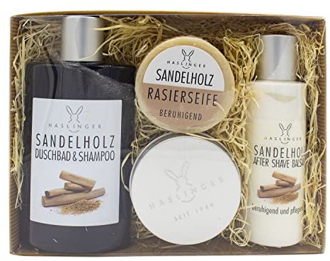 Haslinger Sandelholz Geschenkpackung mit Duschbad und Shampoo 200ml, After Shave 100 ml und Rasierseife 60 g