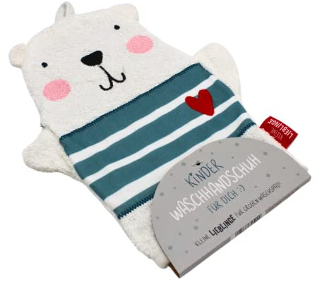 Dekohelden24 Waschhandschuh/Waschlappen/Kinder-Waschhandschuh mit Schlaufe, Motiv: Bär, 100% Baumwolle, Größe H/B ca. 24 x 19 cm