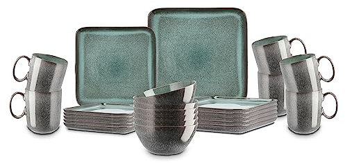 Peill+Putzler Germany 24-teiliges Kombiservice in grün aus Steinzeug, eckiges Geschirr für 6 Personen, 6x Dessertteller, 6x Speiseteller, 6x Kaffeebecher, 6x Schalen, spülmaschinenfest