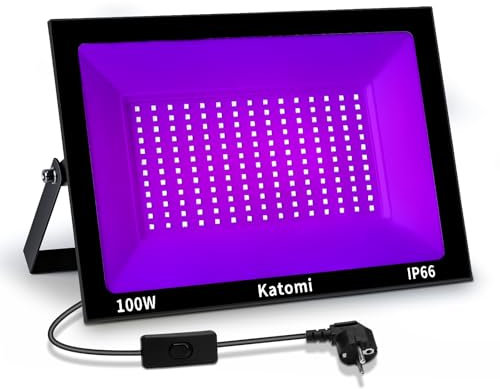 Katomi 100W Schwarzlicht-Strahler aus Aluminiumlegierung, Wellenlänge 385-400NM Schwarzlichtlampe, IP66 Wasserdichter UV-Fluter für Fluoreszierende Poster, Malerei, Halloween,GLOW-Neon-Partys