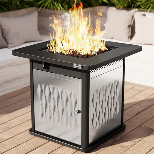 East Oak Foyer à gaz en acier inoxydable de 71,1 cm, 50 000 BTU pour extérieur, terrasse extérieure, table de feu certifié CSA avec couvercle magnétique, panier de rangement et pierre de lave, noir