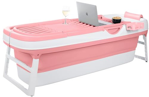 HelloBath® Baignoire Pliable Adulte - XXL, 157 x 60 x 48 cm - Avec Bouchons De Vidange, Tuyau De Vidange Et Rouleaux De Massage - Piscine Hors Sol Pour Ice Bath Et Bain Chaud (Dusky Pink)
