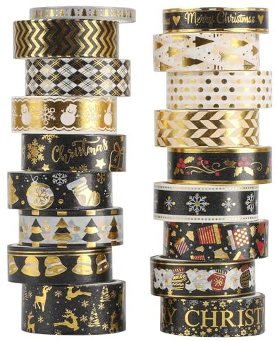 18 Rollen Washi Tape Weihnachten Set, Dekorative Masking Tape Weihnachtsbäume Goldfolie Klebeband für Weihnachten Handwerk DIY Scrapbooking Planer Geschenk Verpackung Dekorationen (Xmas Black)
