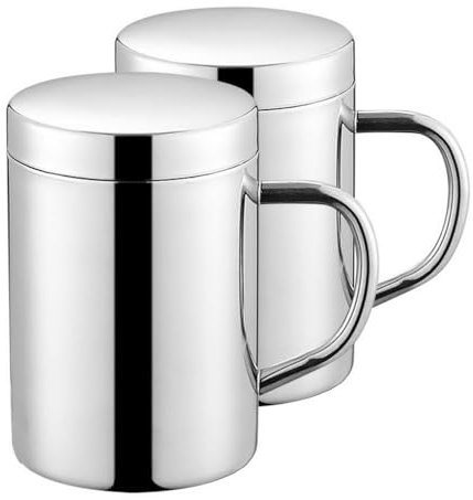 ACMEDE 2PCS Mug inox, Tasses à café en Acier Inoxydable Isotherme avec Couvercle et Poignée, 200/300 ML Petite Tasse de Voyage,Gobelets tasses à boire à double paroi verres à bière