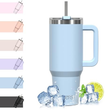 WATERSY 40oz Kaffeebecher to Go Thermobecher Doppelwandiger Edelstahl Vakuum Auslaufsicher Trinkbecher mit Griff und Strohhalm Thermal Tumbler Blau