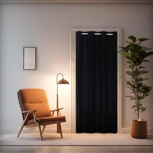 tinycurtains, Türvorhang mit Teleskopstange, einfache Montage in nur 1 Minute ohne Bohren (Türgardine schwarz H200 x B150 cm + Stange weiß B70-120 cm)