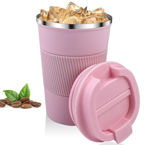 Relota Kaffeebecher Rosa 380ml, Thermobecher Kaffee Auslaufsicherem aus 304 Edelstahl Doppelwandig Isoliert, Autobecher Wiederverwendbare Kaffee Thermobecher für Kaffee, Wasser und Tee