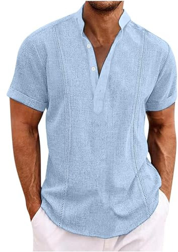 Linen Shirt for Men UK Short Sleeve Henley Shirt Classic Solid Cotton Linen Button Up Blouses Summer Loose Casual Cotton Linen Pullover Tops Comforty Breathable Office Business Tees