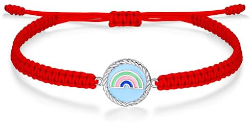J.Endéar Bracelet Arc-en-ciel Argent 925 pour Fille Ado, Fil Cordon Tressé Bracelet Coloré Émail Charme Réglable 16+8cm, Original Bijoux Fait Main Femme Enfant Cadeau, Rouge