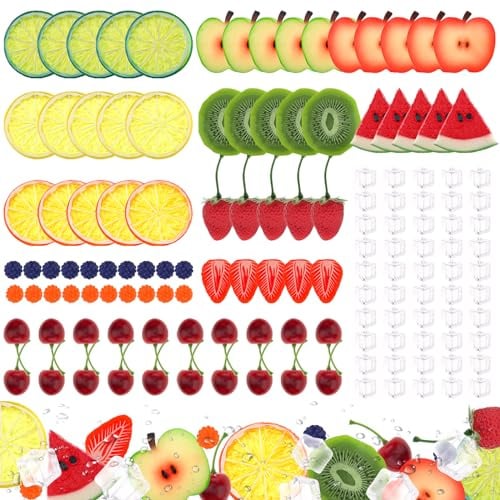 Gresorth 135 Stück Künstliche Mixfruchtdekoration Künstliche Erdbeere Apfel Zitrone Kiwischeibe Realistische Wassermelone Block Lebensechte Kirsche Himbeere Eiswürfelmodell