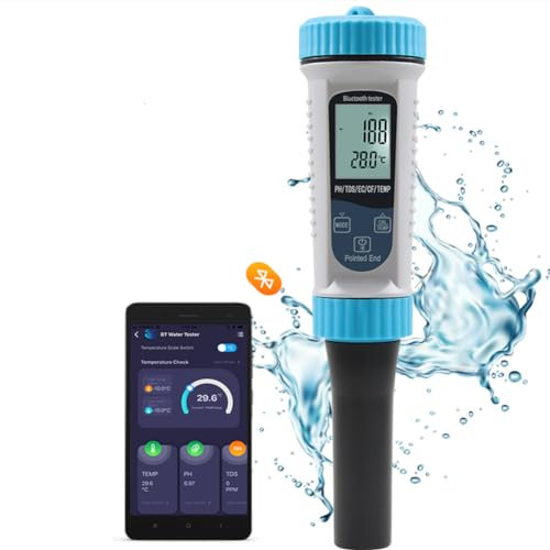 MIOLOE PH-Meter für Wasser, 5 in 1 PH/EC/CF/Temp/TDS Digital Water Quality Test hohe Genauigkeit Wasserqualität Meter Pen mit APP-Steuerung für Trinkwasser, Pool, Aquarium, Hydroponik, Hot Tub (Blau)