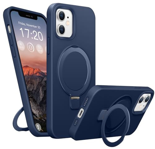 BENTIACC Cover Silicone Liquido per iPhone 12/12 Pro, Anello Magnetico di Supporto, custodia protettiva antiurto a 4 strati, rivestimento in microfibra morbida resistente ai graffi (blu scuro)