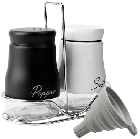 Fyfjur Set di 2 spargisale e pepe, con supporto e imbuto in silicone, in acciaio inox e vetro, per spezie