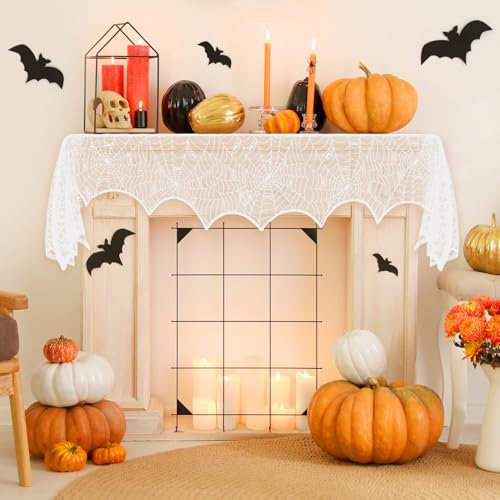 Halloween Tischdecke,1PCS Halloween Deko Spinnennetz,Halloween Deko,Halloween Deko Innen,Halloween Deko Outdoor,Tischdecke Halloween,Halloween Tuch Spinnennetz Gruseliges Tücher,Weiß Halloween Kamin