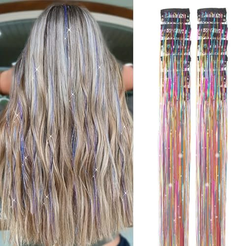 Shinon 12 Stücke 20” Glitzer Haarsträhnen Lametta Haar Lametta mit Werkzeug Glitter Girls Zubehör Party Highlights Hair Tinsel Haarsträhnen Zum Einflechten Haarteil mit Klammer (multicolour)
