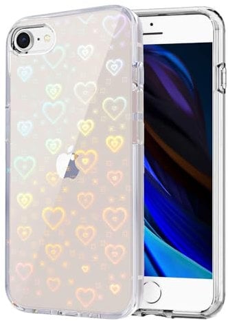 for iPhone SE 2022 Case, Clear Cute Glitter Holographic Heart iPhone SE 2020/7/8 Phone Case for Girls Women, Anti-Yellow Protective Hard PC Cover Soft Silicone Frame for iPhone 7/8/SE, Rainbow Heart