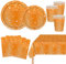 MORAINJAY Juego de 69 piezas de vajilla naranja para fiesta de cumpleaños, platos de papel naranja, tazas, servilletas, cumpleaños de otoño, Halloween, aniversario, decoración de mesa, suministros de