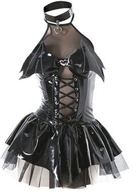 Damen Lack Leder Kleid Teufel Mädchen Minikleid Kurz Kunst Leder Kleid Succubus Cosplay Dessous Kostüme Halter Durchsichtigen Spitzenrock Sexy Pyjamas Dienstmädchen Uniform