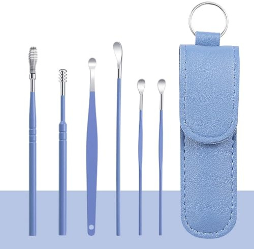 6-in-1 Stainless Steel Ear Wax Removal Kit with Leather Storage Bag，Blue | Reusable Ear Cleaning Tools for Personal and Household Use，4 colors to choose from