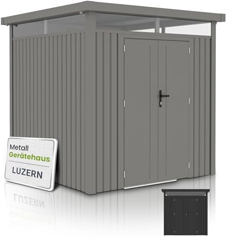 Juskys Gerätehaus Luzern Pro 5,3 m² - Metall Geräteschuppen mit Türen & Fenstern - wetterfest & abschließbar - Fahrradgarage, Gartenhaus - Taupe