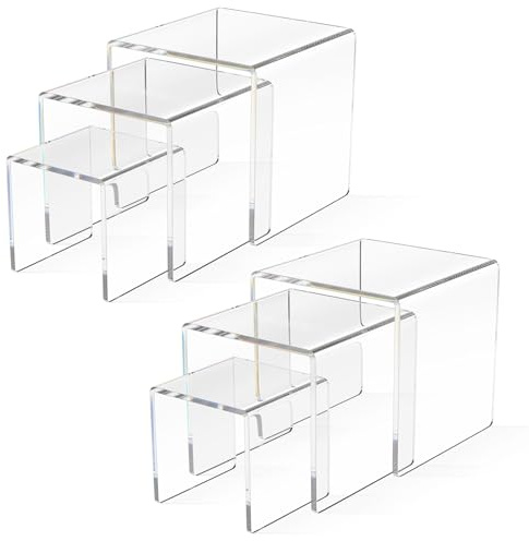 AITEE 6Pcs Acryl Display Ständer: Display Risers für Funko Pop Figuren | 3 rechteckige Größen transparenter Acryl-Tischdisplay, mehrstufiger Riser für Kosmetik, Schmuck und Cupcakes
