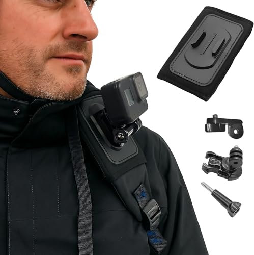wilcractk Support de Sac à Dos Rotatif à 360 ° avec Sangle d'épaule Réglable et Crochet en J, Longue vis, Compatible avec Gopro Hero 10/9/8/7/6/5/4/3, Osmo Action, (14×19cm, Pack 4 Accessoires)