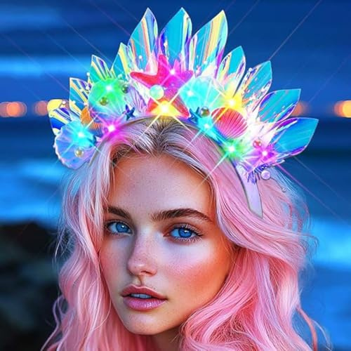 Evlry LED Krone Haarreif Leuchtend Muschel Kopfschmuck Glitzer Seestern Perlen Haarschmuck für Damen
