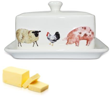 RoadLoo Butter Dish, 1 Piece Porcelain Butter Dish with Handle, Animal Motif, Ceramic Thick-Walled Butter Container, Dishwasher Safe