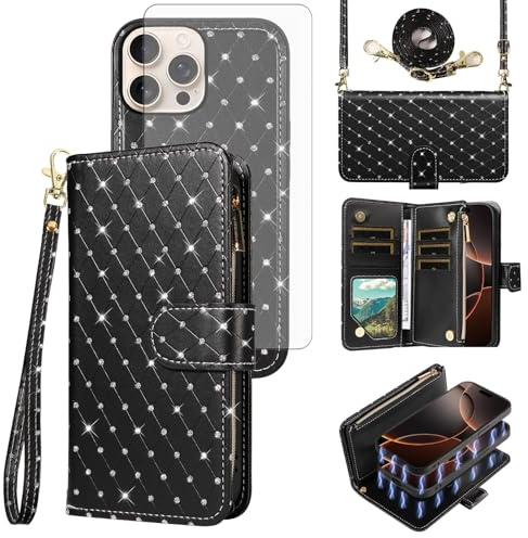 Asuwish Compatible with iPhone 16 Pro 6.3 inch Wallet Case Zipper Cell and Tempered Glass Screen Protector Crossbody Strap Glitter Flip Card Holder Phone Cover for i Phone16 i16 16Pro Women Black