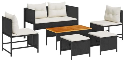 vidaXL Garten-Sofa-Set 6 pcs Schwarz und Creme Poly-Rattan, Moderner Garten- und Terrassen-Rattansofa, gemütliche 2-Sitzer, wetterfeste Lounge-Möbel, perfekt für draußen!