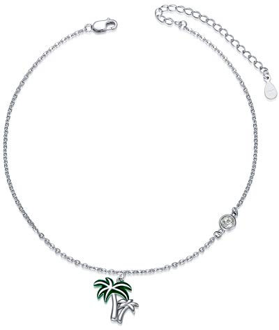 Palm Tree Anklet for Women 925 Sterling Silver Adjustable Foot Ocean Beach Ankle Bracelet for Summer, 9 Inches to 11 Inches, Made with Austrian Crystal
