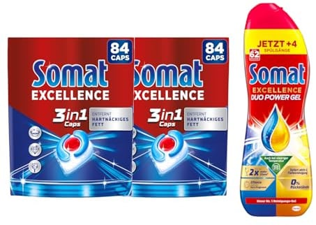 SOMAT Excellence 3in1 Caps 84 Tabs 1,52 kg 2er Pack + Duo Power Gel 992 ml – extra starke Reinigung, für strahlend sauberes Geschirr