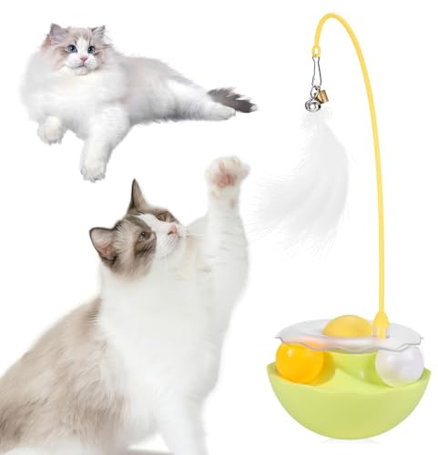 Auktransceler Interaktives Katzenspielzeug Fluoreszierendes Gelb,3-in-1 Selbstbeschäftigung mit Federangel, Katzenminze & Doppelkugeln | 360° Wackelbasis für Kitten & Erwachsene Katzen