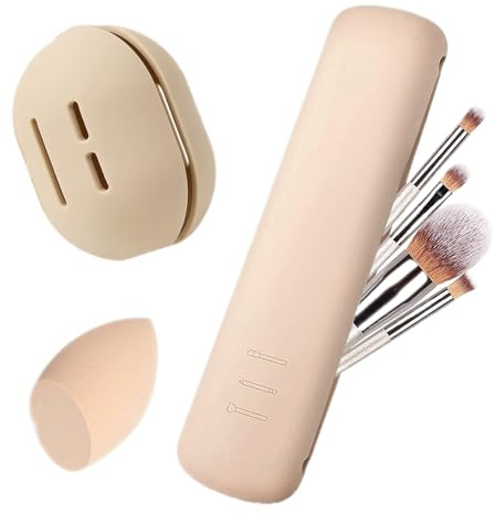 2 Pièces Étui à Pinceau de Maquillage, Trousse Pinceaux Maquillage en Silicone, Portatif Sac Cosmétique pour Voyage, Porte Pinceau de Maquillage en Silicone, Avec Porte éponge de Maquillage