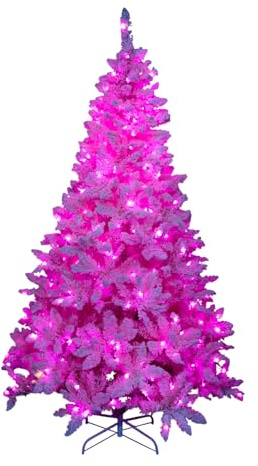 5Ft Flocked Prelit Pink Christmas Tree with Pink LED Lights Multifunction, Snow Dusted Artificial Pine Foldable Metal Stand 404 Tips Hinged Branches Snowy Bushy Luxury Holiday Home Decoration