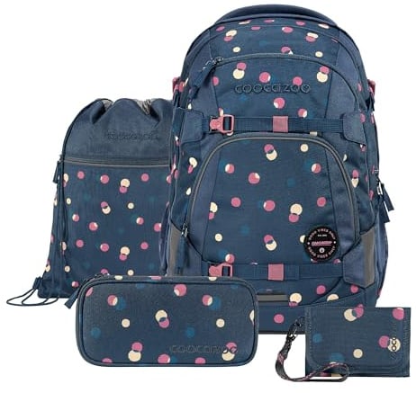 Coocazoo Schulrucksack-Set MATE „Bubble Dreams“ 4-tlg., schwarz, ergonomischer 30L Tornister, höhenverstellbar mit Hüftgurt für Kinder ab der 5. Klasse, inkl. Federmäppchen, Turnbeutel und Geldbörse
