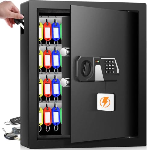 71 Schlüssel Feuerfester Schlüsseltresor mit Zahlencode & Schlüsselleiste | Alarm-&Silent-Modus, Bunte Schlüsselanhänger, Seitlichem Schlüsseleinwurf, Digitaler Schlüsselkasten für Zuhause Büro Garage