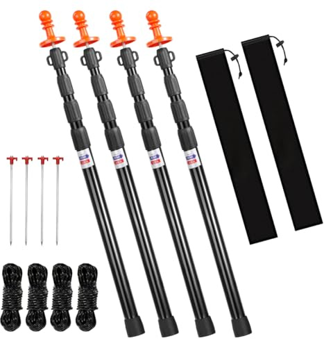 Heavy Duty Telescoping Tarp Poles, Set of 4-4-Section Adjustable 3.1FT to 9.2FT Aviation Aluminum Tent Poles for Camping, Awning, Rain Fly, Sun Shade, Canopy with Stakes & Guylines