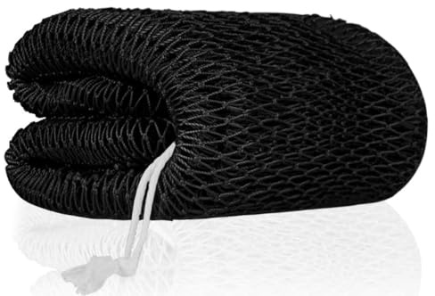 ALIIP African Net Sponge, Exfoliating Body Scrubber with Rope Handles, Long Stretch Bath & Shower Net for Deep Cleansing, Black