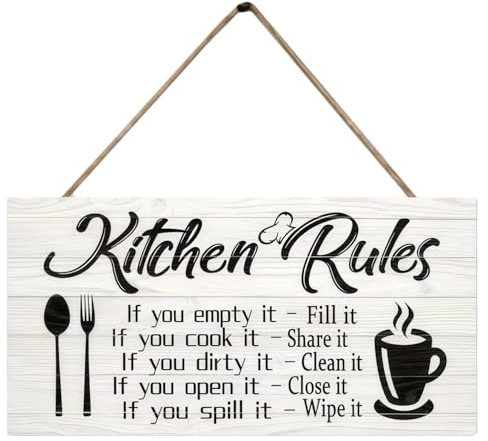 XETHI Placa Decorativa de Madera Kitchen Rules | 20x10cm Decoración de Pared Rústica con Cuerda | Letrero de Madera para Cocina, Comedor y Cafetería