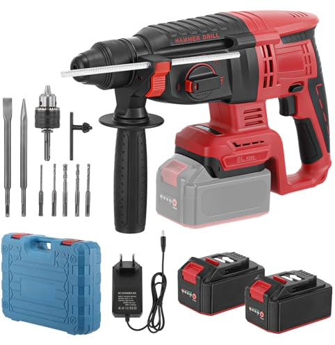 WODHMIEY Akku Bohrhammer 20V SDS Plus bürstenlos mit Sicherheitskupplung 12J Schlagenergie 4 Betriebsarten Drehzahlregelung Wand Baustoffe Renovierung Heimwerker 2x5,0Ah Akku SDS Bohrer 4/5/6/8/10mm