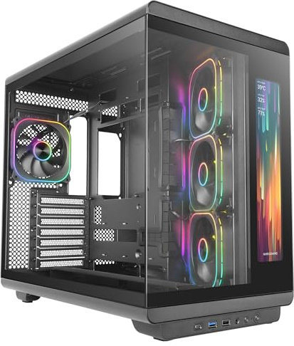 Mars Gaming MC-REVMAX, ATX PC-Gehäuse, IPS-Bildschirm 11,8, Durchgehendes Gehärtetes Glas, 4 PWM ARGB Lüfter, Flüssigkeitskühlung 360mm, Kompatibel Mainboards Umgekehrtem Anschluss, USB-C, Schwarz